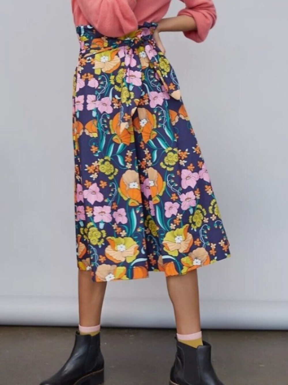 Corey Lynn Calter Navy Floral Skirt with Yellow and Orange Accents